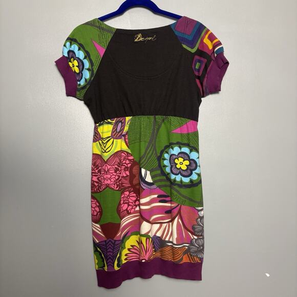 Desigual Women's Printed Round Neck Casual Blouson Dress Green/Purple Large - Picture 5 of 10